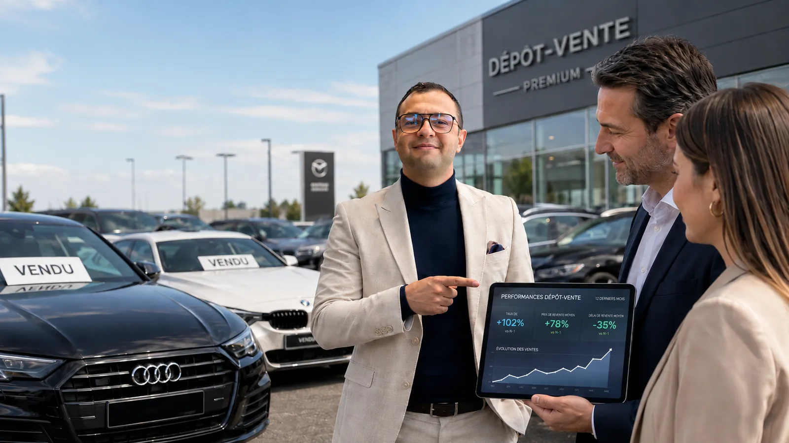Dépôt-vente automobile en Suisse : un consultant présente les performances commerciales sur tablette devant un parc de véhicules d'occasion